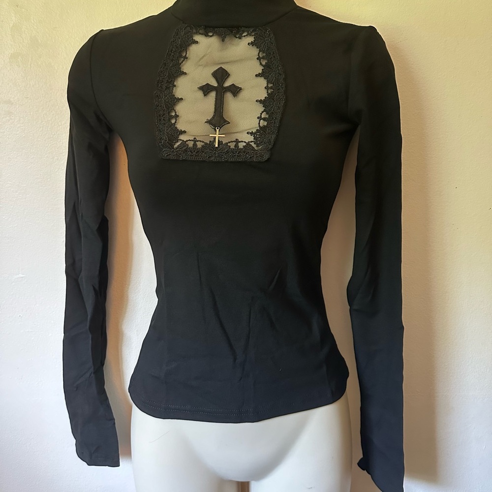 Elegant Black Lace Detail Women's Top Goth Gothic - Picture 8 of 16